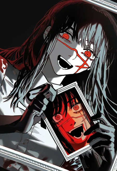 <lora:Yoru_Illustration:0.8>, yoru \(chainsaw man\), scar on face, red eyes, ringed eyes, black hair, long hair, yoru, black_arm_garter, pants, white_shirt, smile, upper body, :d, blood, black background, facing viewer, spot color, blood on face, blood on clothes, photo \(object\), partially colored, picture frame, blood splatter, blood in hair, portrait \(object\), holding photo, (dark), (sideways), glowing, glitch, horror \(theme\), abstract, bioluminescence, double exposure, distortion, holographic clothing, wanke, konya karasue, (yadu nadu:0.8), (menma \(enaic31\):0.8), (quasarcake:0.8), john kafka, otonoha aika