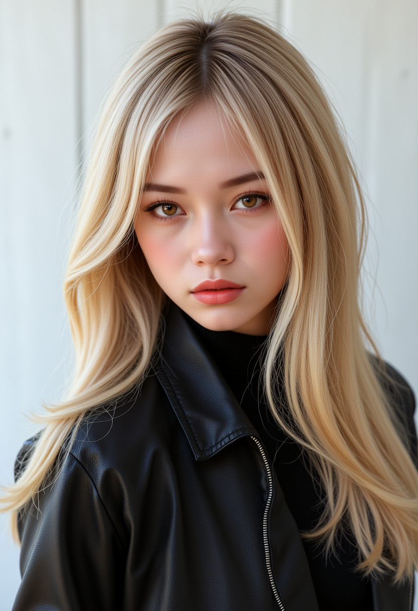 She is approximately 18 years old. Hyperrealism, she is looking at the camera, (dynamic angles), headshots of a beautiful, stunning unique female character. she has hair. her brown eyes are filled with joy and excitement, extravagant eyelashes,  A photo of Ae-cha, a woman, is shown. She has blonde hair and is wearing a black leather jacket. The photo is in black and white, giving it a classic and timeless feel. Ae-cha is posing for the camera, with a hint of a smile on her face. The composition of the photo is simple and elegant, focusing on the subject and her outfit..  She has a slight smile on her face and is looking directly at the camera. The background is a simple white wall.. making this image a masterpiece of photography and digital art. Style: realistic hyper-detailed rendering, 32k UHD, expressive eyes, punk, graphic design, girl's face, pretty and cute, gleaming lips, white skin, telling a tale of adventure. Exuding confidence and serenity. The background is a simple white wall. The overall mood of the image is happy and relaxed.RAW candid cinema,16mm,color graded portra 400 film,remarkable color,ultra realistic,textured skin,remarkable detailed pupils,realistic dull skin noise,visible skin detail,skin fuzz,dry skin,shot with cinematic camera,detailed skin texture,(blush:0.2),(goosebumps:0.3),subsurface scattering,beautiful photograph in the style of Augustus John,Sergio Toppi,Virginia Frances Sterrett,8k HD,detailed skin texture,ultra realistic,textured skin,analog raw photo,cinematic grain,whimsical,detailed hand,perfect hand.perfect style.