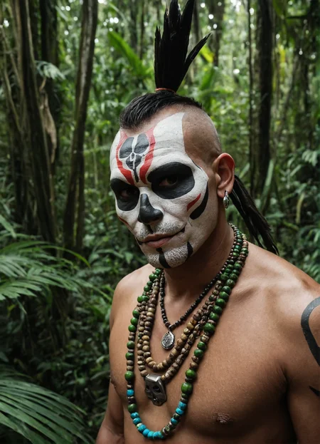 a documentary portrait photo of a tribal middle-aged warrior in a dense jungle. The man's face is adorned with tribal skull face paint. He is shirtless and has a necklace made of beads, sharp focus, vibrant colors, cinematic composition, national geographic, mohawk,