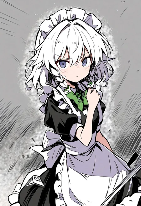 1girl, izayoi sakuya, touhou, solo, maid headdress, maid, apron, short sleeves, dress, closed mouth, white apron, looking at viewer, maid apron, puffy short sleeves, frills, puffy sleeves, black dress, frilled apron, hair between eyes, outdoors, blush, throwing knives, knives, serious face, upper body, masterpiece, best quality, very aesthetic, absurdres
kzit