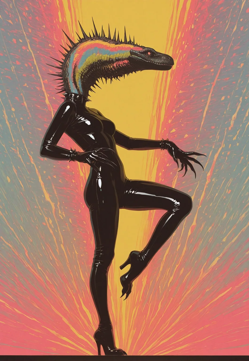vdsur, surreal, high contrast, best quality, hires, colorful background,
1other, solo, ambiguous gender, dancing, standing on one leg, claws, latex bodysuit, lizard head, spikes, dim lighting, shiny, spotlight