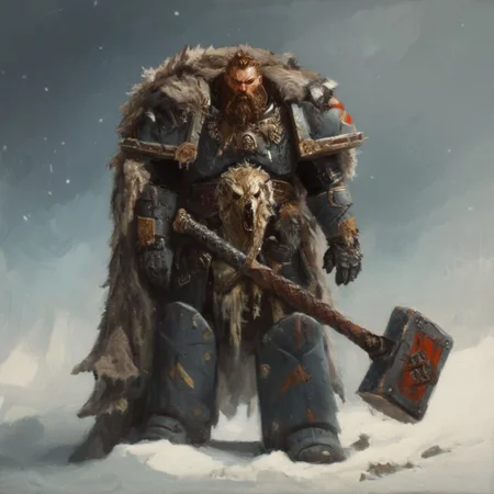 Space wolf warrior with beard is in winter landscape, he is a werewolf space marine,  he as heavy scars, he has his huge runic hammer in his hands, portrait style, viking, norse, beard, clad in ripped furs and pieces of old worn space wolf armor, his hammer is burried into a giant dead enemy demon, Black over black, top light, masterful painting in the style of Anders Zorn | Marco Mazzoni | Yuri Ivanovich, Todd McFarlane, oil on canvas
<lora:add-detail-xl:1> <lora:MJ52:0.5>