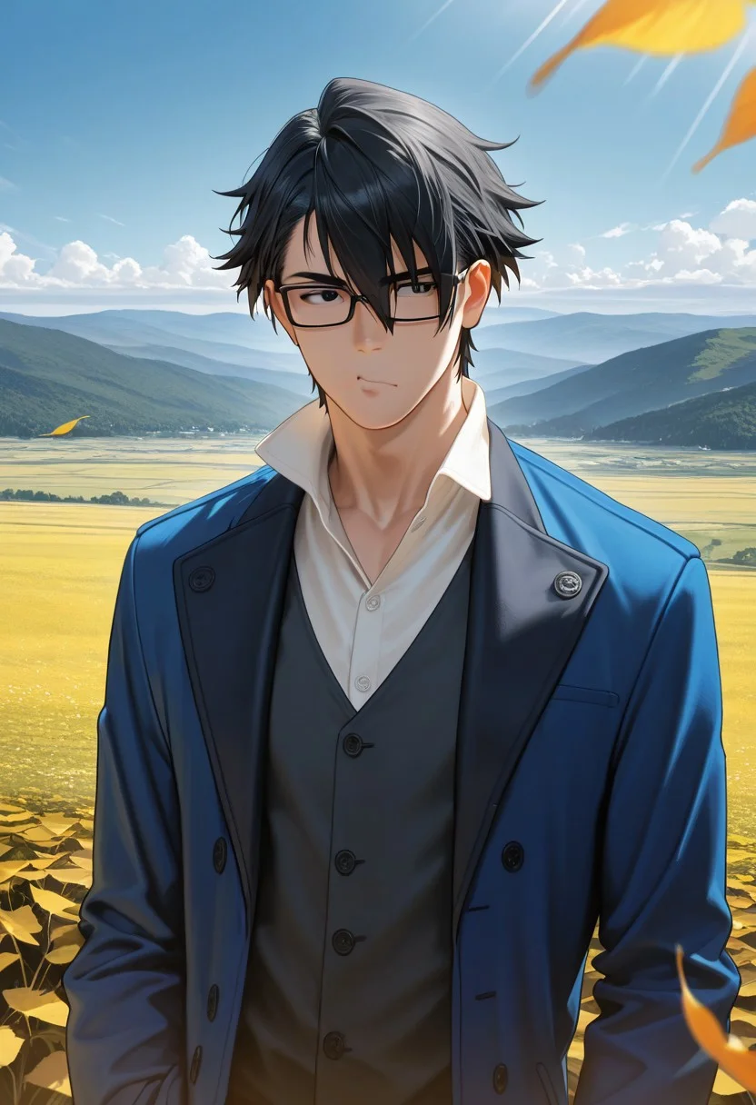 masterpiece, best quality, amazing quality, absurdres, newest, detailed background, definition so sharp, Ultra-HD, 8K cinematic, very awa, impressionate, amazing quality, highres, d10w21ll,
solo, male focus, manly, mature male, bara, day, blue sky, outdoor, sunbeam, windy, flying leaf,
1boy, short hair, glasses, saruhikofushimi, saruhiko_black hair, saruhiko_black eyes, blue coat, collared shirt, o3o, depth on field, upper body, focus on scene, landscape, wide angle perspective