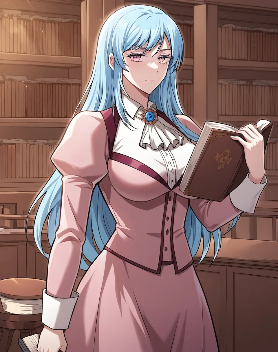 ragna_stgb, light blue hair, long hair, pink eyes, breasts, light blue eyelashes, puffy sleeves, ascot, juliet sleeves, , librarian outfit, pink suit, jewelry, brooch, collared shirt, long skirt, manhwa BREAK indoors, medieval, library, books, BREAK looking at viewer, closed mouth, neutral face, kuudere, cowboy shot, BREAK score_9, score_8_up, score_7_up, source_anime ,zPDXL, perfect hand, <lora:Ragna_STGB-000019:0.8>, solo, solo focus, holding book, closed book