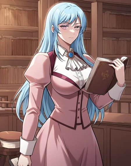 ragna_stgb, light blue hair, long hair, pink eyes, breasts, light blue eyelashes, puffy sleeves, ascot, juliet sleeves, , librarian outfit, pink suit, jewelry, brooch, collared shirt, long skirt, manhwa BREAK indoors, medieval, library, books, BREAK looking at viewer, closed mouth, neutral face, kuudere, cowboy shot, BREAK score_9, score_8_up, score_7_up, source_anime ,zPDXL, perfect hand, <lora:Ragna_STGB-000019:0.8>, solo, solo focus, holding book, closed book