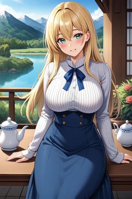 1girl, long hair, large breasts, looking at viewer, blush, smile, bangs, skirt, blonde hair, shirt, long sleeves, ribbon, hair between eyes, green eyes, white shirt, pinstripe shirt, solo focus, aqua eyes, (blue skirt), blue ribbon, (long skirt) house, outdoor, mountain, lake, cowboy shot, high-waist skirt, sitting on the chair, table, tea pot, tea set,