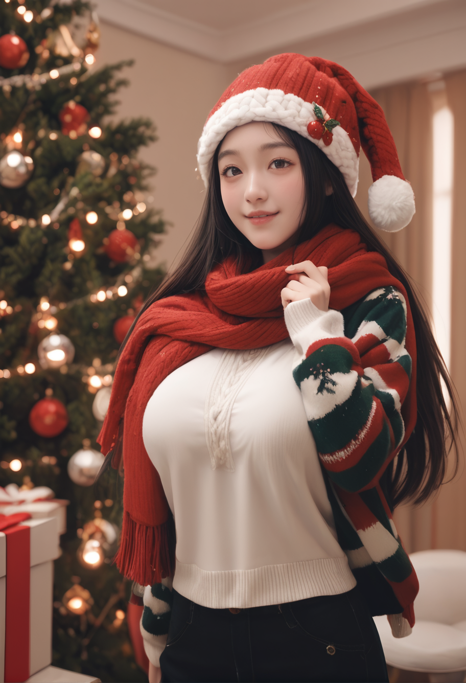 1girl,,ruanyi1386,beanie,multicolored clothes,striped clothes,red scarf,christmas,standing,thigh gap,christmas tree,blurry background,<lora:1386 christmas_v1_pony:1>, score_9, score_8_up, score_7_up, score_6_up, score_9, score_8_up, score_7_up, score_6_up source_anime, blush, horny, 1girl, seduce smile, perfect body , natural huge breasts , source _anime,