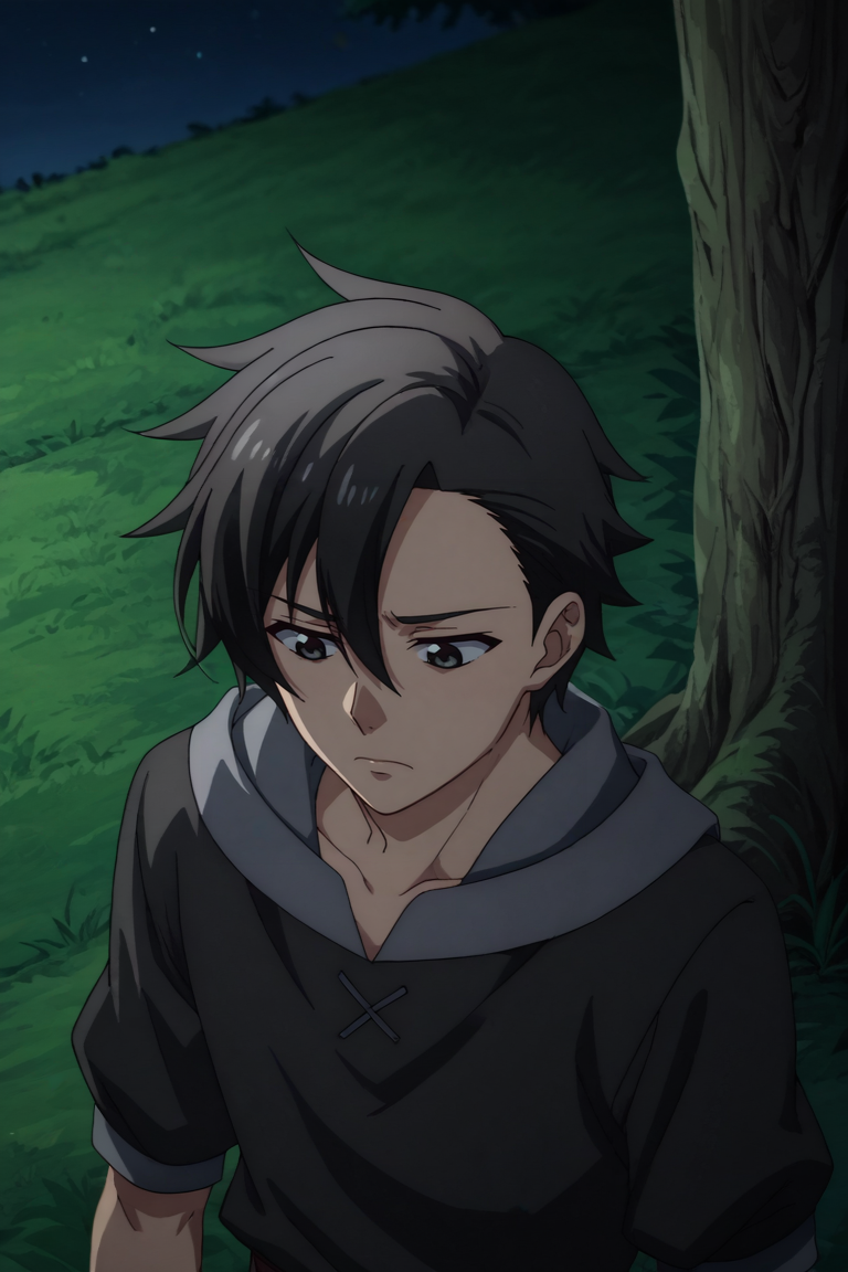 score_9, score_8_up, score_7_up,source_anime,BREAK, rating_safe, intricate details , , , anime screencap, anime coloring, official style, depth of field,1boy, solo, male focus , , , <lora:kelvin:0.85>, kelvin celsius,black hair,black eyes,side swept,short hair,look down, medieval shirts,medieval tunic,hood,sad expression,outdoor,night,tree,from above , , ,<lora:sdxl_lightning_8step_lora_315544:1>