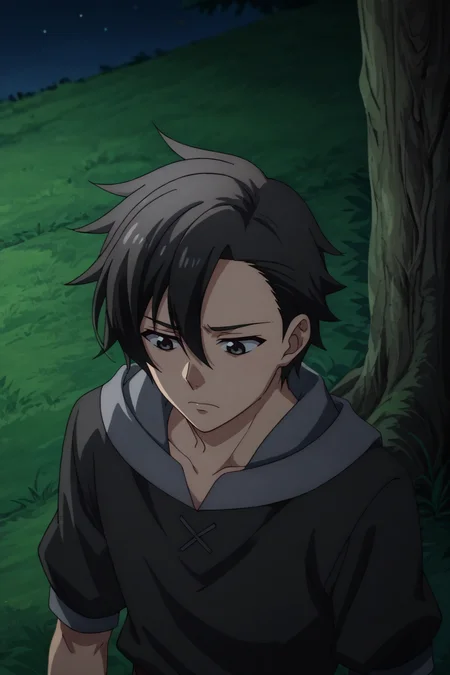 score_9, score_8_up, score_7_up,source_anime,BREAK, rating_safe, intricate details , , , anime screencap, anime coloring, official style, depth of field,1boy, solo, male focus , , , <lora:kelvin:0.85>, kelvin celsius,black hair,black eyes,side swept,short hair,look down, medieval shirts,medieval tunic,hood,sad expression,outdoor,night,tree,from above , , ,<lora:sdxl_lightning_8step_lora_315544:1>