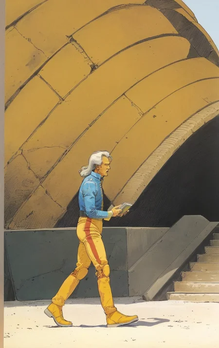 artwork <lora:Moebius:1>, outdoor at midday, 1man 50yo (Johan Pedersen:1.3), French Roll hair do a sing, dunes, escalator