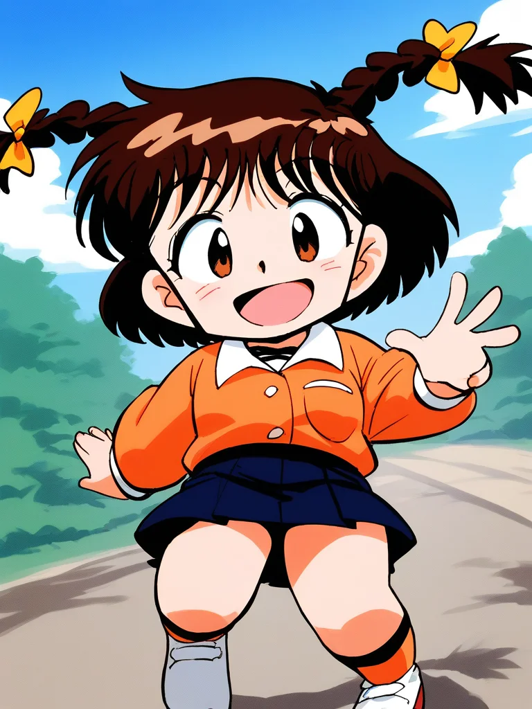 score_9, score_8_up, score_7_up, source_anime, rating_explicit, BREAK <lora:Shinba_Kurumi_XL:1>Shinba_Kurumi, brown hair, brown eyes, twin braids, hair bow, short hair, short stack,
long sleeve, skirt, smile,
skyã