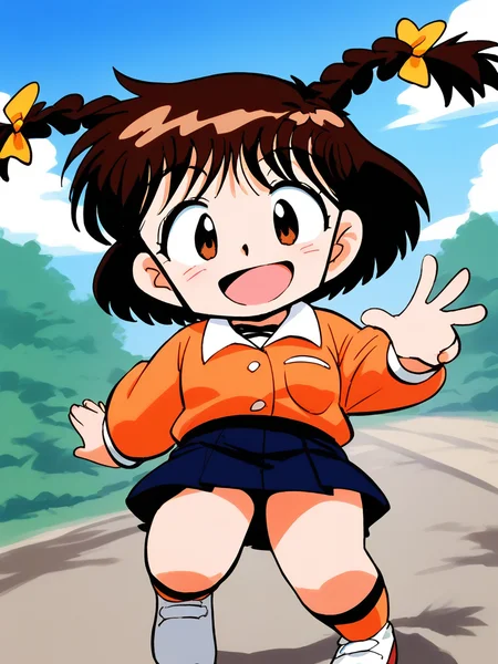 score_9, score_8_up, score_7_up, source_anime, rating_explicit, BREAK <lora:Shinba_Kurumi_XL:1>Shinba_Kurumi, brown hair, brown eyes, twin braids, hair bow, short hair, short stack,
long sleeve, skirt, smile,
skyã