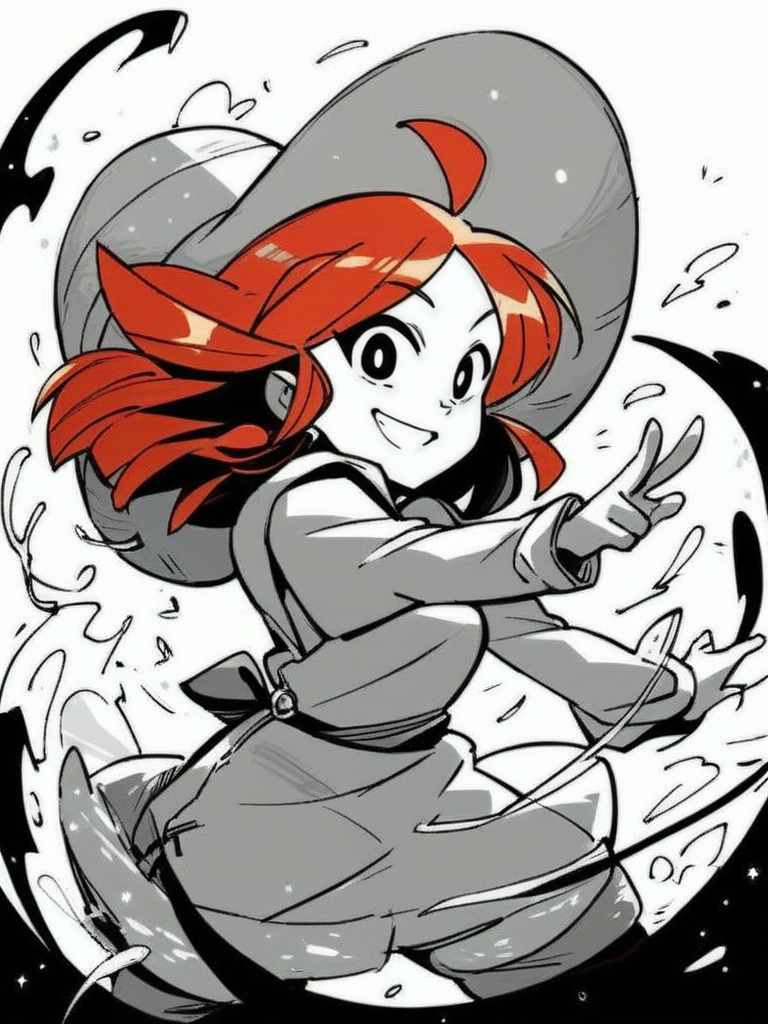 score_9, score_8_up, score_7_up, score_6_up, cute girl, musical note, tunic, magical staff, red hair, big hat, epic pose, light smile, bright pupils, particles around, splash art, pants, looking at viewer, cowboy shot, dynamic pose, smile, cute, wide shot, solo, dutch angle, 
<lora:INKtoonXLP_Style:1> InkToon, monochrome, black eyes, simple white  background, cute, sketch, thin line, cartoon, splash art, concept art