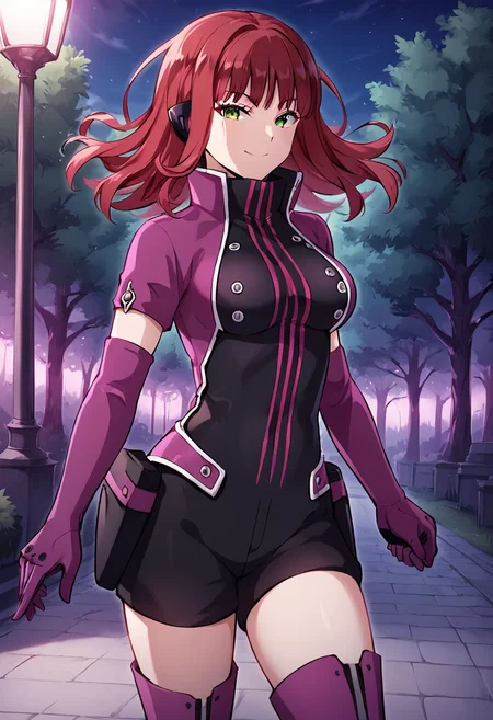katori_youko, red hair, medium hair, green eyes, medium breasts, official art, border battlesuit, purple gloves, purples tighthighs, black shorts, purple boots, BREAK outdoors, night, park. night sky, trees, BREAK cowboy shot, looking at viewer, standing,closed mouth, sexy smile, front view, flirty, battle pose, dynamic pose BREAK score_9, score_8_up, score_7_up, source_anime ,zPDXL, <lora:Katori_Youko:0.8>