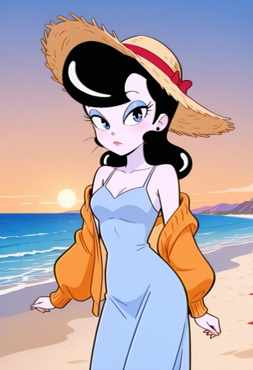 solo, Nastassia Slinky, sweater, looking at viewer, beach, summer dress, straw hat, closed mouth