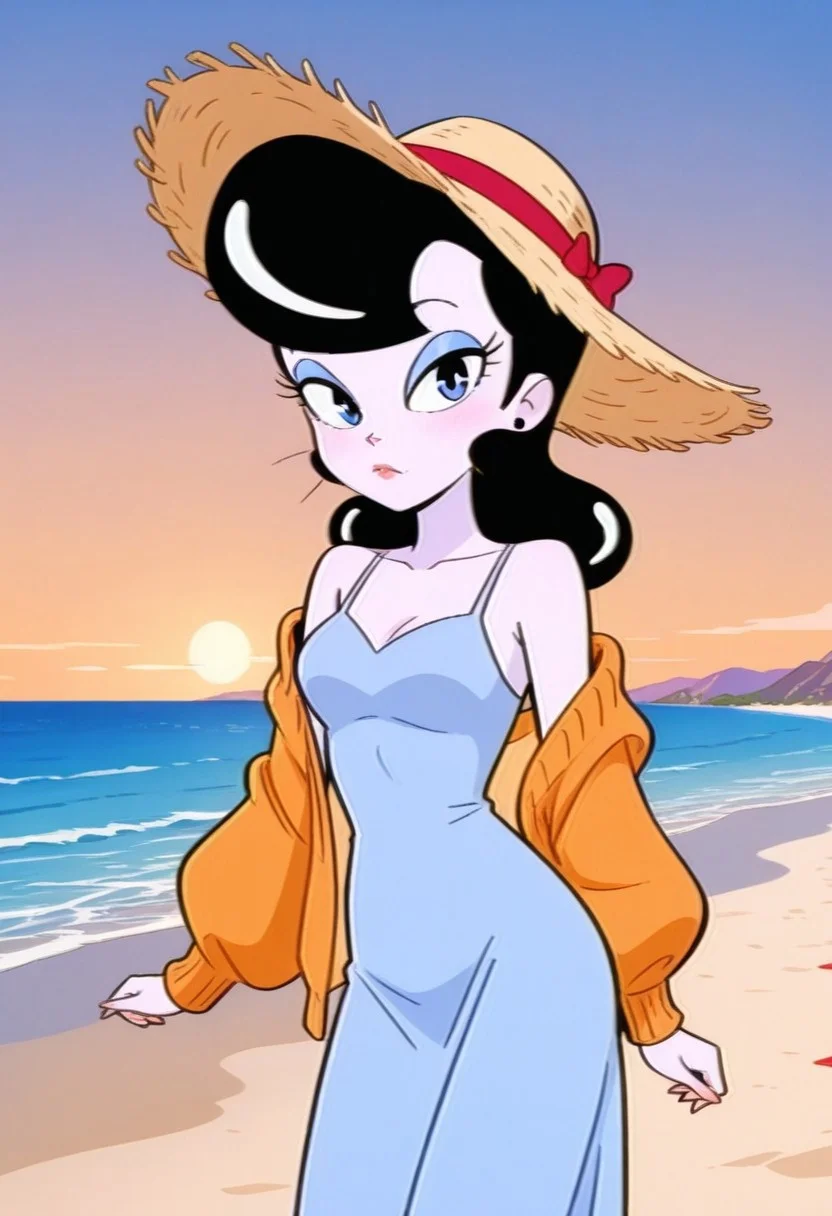 solo, Nastassia Slinky, sweater, looking at viewer, beach, summer dress, straw hat, closed mouth