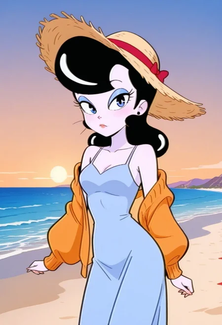 solo, Nastassia Slinky, sweater, looking at viewer, beach, summer dress, straw hat, closed mouth