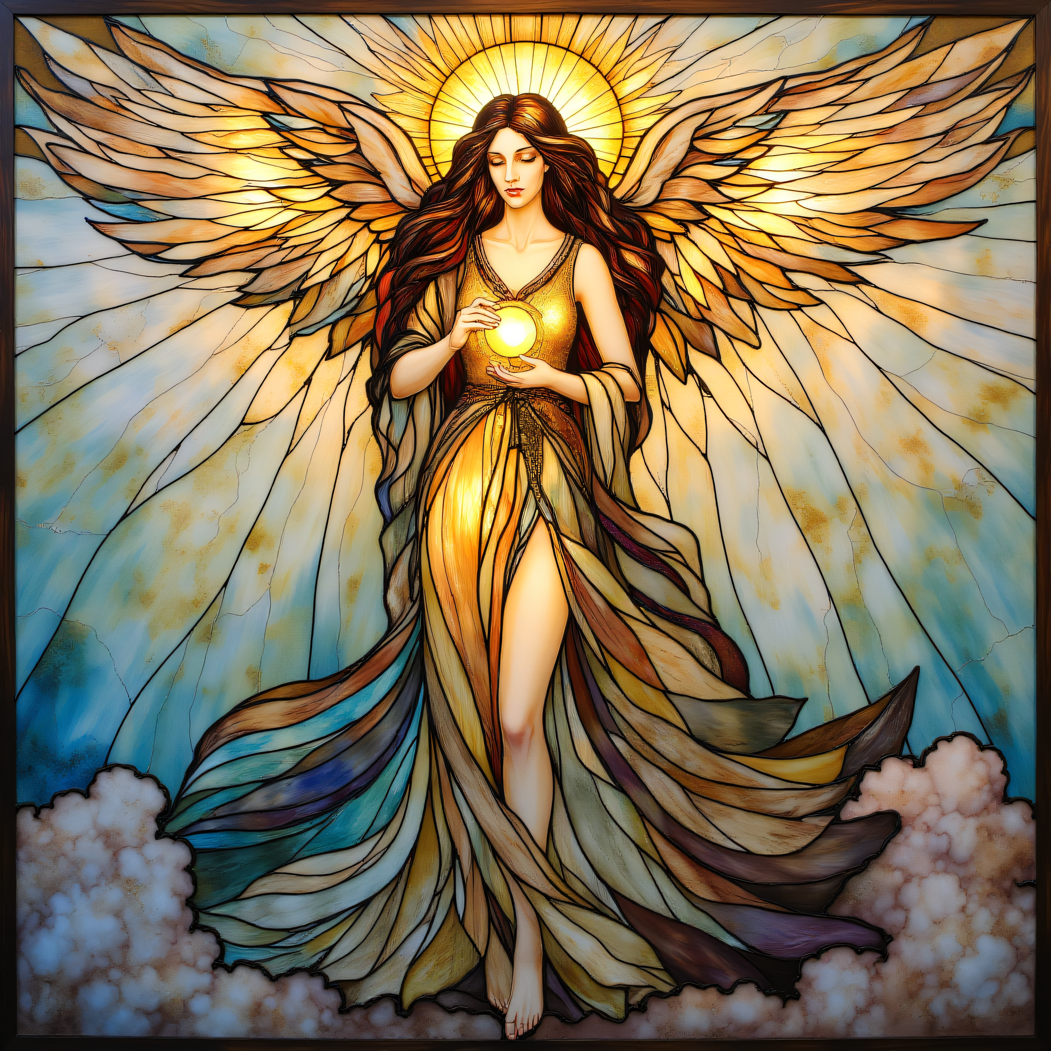 ArsMJStyle, Stained Glass, A serene angel with flowing robes, her wings spread wide, as golden rays of light cascade around her. She holds a glowing orb, surrounded by delicate cloud patterns and pastel-colored skies.