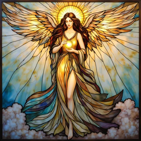 ArsMJStyle, Stained Glass, A serene angel with flowing robes, her wings spread wide, as golden rays of light cascade around her. She holds a glowing orb, surrounded by delicate cloud patterns and pastel-colored skies.