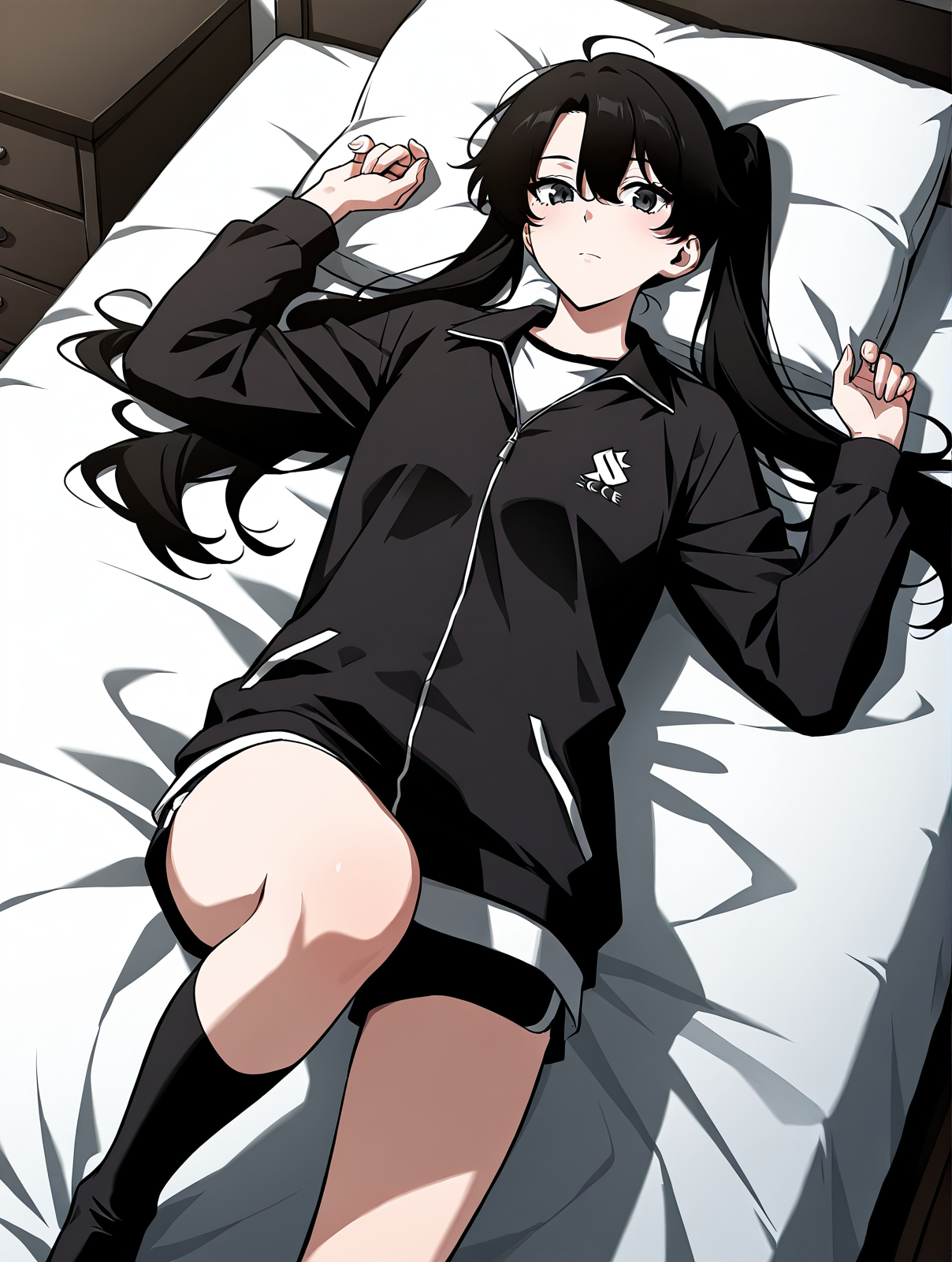 <lora:Omniscient_Readers_Viewpoint__Yoo_Mia:1>
1girl, solo, black hair, long hair, twintails, low twintails, hair between eyes, ahoge, black eyes, 
sportswear, black zip jacket, white shirt underneath, black shorts, black socks,
score_9, score_8_up, score_7_up, score_6_up, source_anime, masterpiece, best quality, top-down view, a beautiful woman lying on a bed, relaxed pose, long flowing hair spread on the pillow, soft lighting, cozy bedroom, gentle expression, elegant nightgown, delicate sheets, natural shadows, serene atmosphere, slight perspective distortion from above