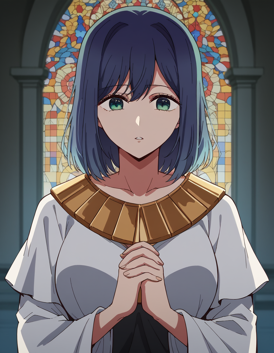 score_9, score_8_up, score_7_up, source_anime, <lora:akane-kurokawa-s1-ponyxl-lora-nochekaiser:1>, akane kurokawa, bangs, green eyes, blue hair, medium hair, dark blue hair, large breasts, <lora:buddhist-nun-ponyxl-lora-nochekaiser:1>, buddhist nun, nun, habit, vitakra mudra, mudra, coif, gold necklace, priestess,, church, parted lips, praying,, cowboy shot