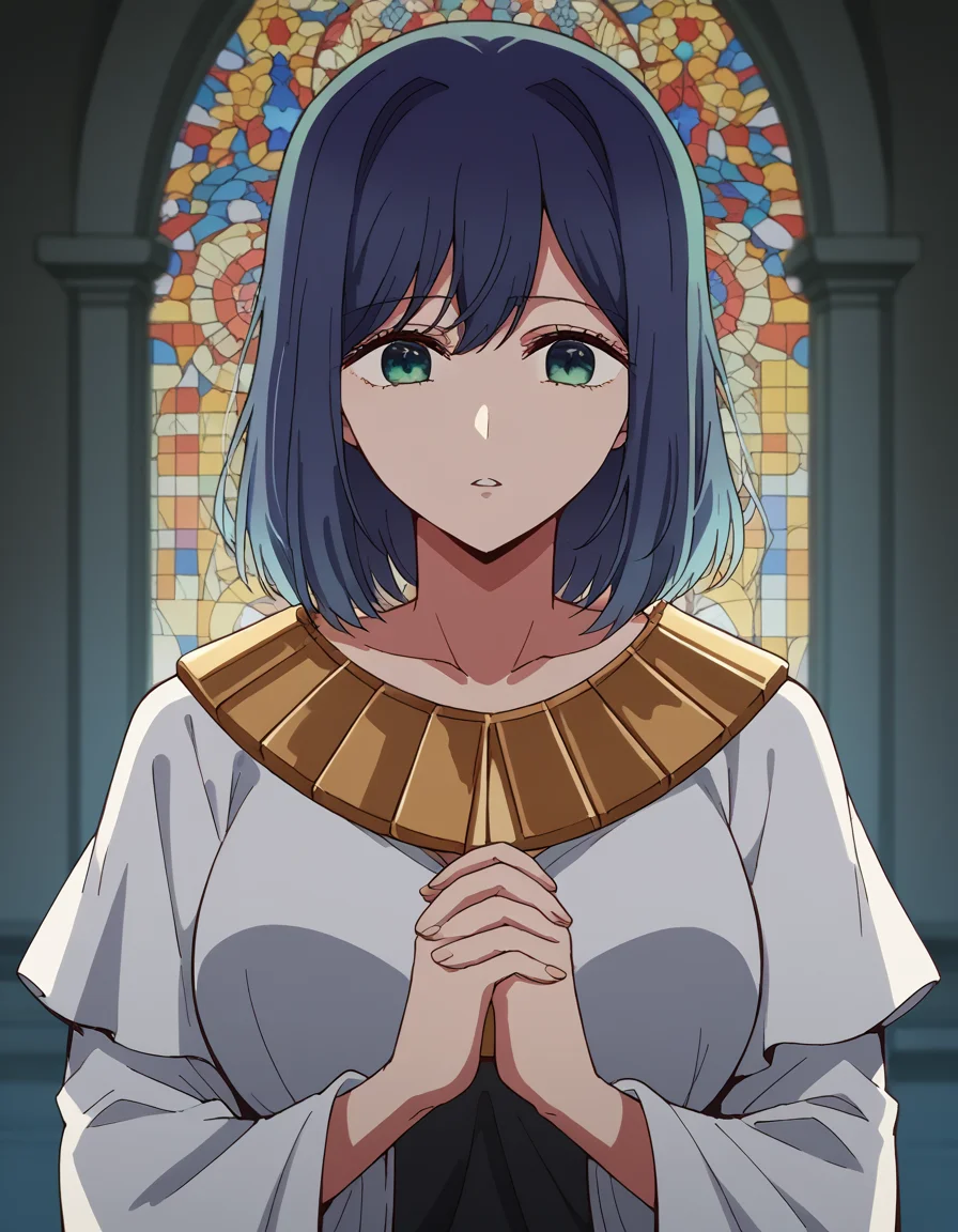score_9, score_8_up, score_7_up, source_anime, <lora:akane-kurokawa-s1-ponyxl-lora-nochekaiser:1>, akane kurokawa, bangs, green eyes, blue hair, medium hair, dark blue hair, large breasts, <lora:buddhist-nun-ponyxl-lora-nochekaiser:1>, buddhist nun, nun, habit, vitakra mudra, mudra, coif, gold necklace, priestess,, church, parted lips, praying,, cowboy shot