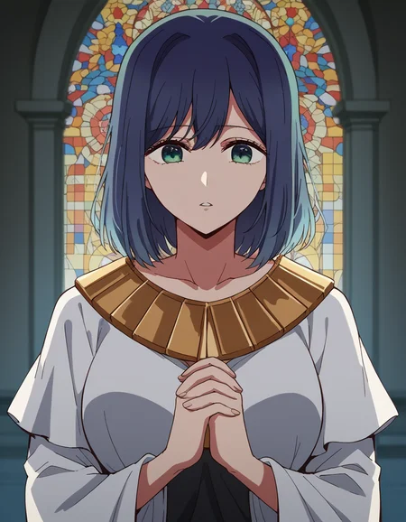 score_9, score_8_up, score_7_up, source_anime, <lora:akane-kurokawa-s1-ponyxl-lora-nochekaiser:1>, akane kurokawa, bangs, green eyes, blue hair, medium hair, dark blue hair, large breasts, <lora:buddhist-nun-ponyxl-lora-nochekaiser:1>, buddhist nun, nun, habit, vitakra mudra, mudra, coif, gold necklace, priestess,, church, parted lips, praying,, cowboy shot