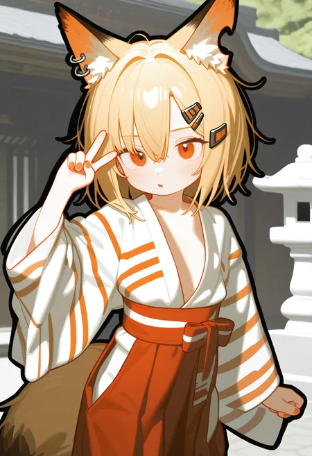 omo-omo2, omo-socratesax, ,extreme aesthetic,skinny
,(﻿cinematic lighting:1),,(Enchanting cleavage),realistic_background,anime,(black outline:1.5),aged_down, 1girl, animal ears, solo, fox ears, tail, japanese clothes, fox tail, v, outdoors, kimono, looking at viewer, blonde hair, fox girl, hairclip, animal ear fluff, parted lips, hair ornament, hair between eyes, wide sleeves, hakama, orange eyes, day, long sleeves, short hair, stone lantern, sash, red eyes, white kimono, hand up, obi, jewelry, blush, skirt, hakama skirt, striped clothes, nail polish, red hakama, orange nails, notched ear, ear piercing, earrings, vermeil \(arknights\),masterpiece,best quality,newest,absurdres,highres,very awa,detail background