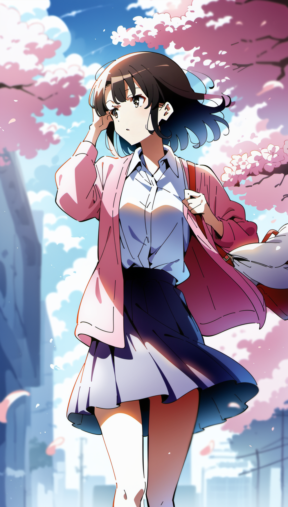 score_9,score_8_up,score_7_up,
<lora:megumikato:0.9>,
megumikato,
1girl,solo,black hair,bangs,short hair,brown eyes,eyes looking to the side,parted lips,pink cardigan,white shirt,white layered ruffle skirt,white thigh socks with trim,white shoulder bag,cowboy shot,from below,standing,right hand adjusting hair,left hand holding bag strap,
blurry background,vignetting,bloom,lens flare,light particles,outdoors,street,blue sky,cloud,wind blowing,cherry blossoms,