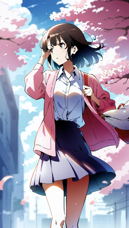 score_9,score_8_up,score_7_up,
<lora:megumikato:0.9>,
megumikato,
1girl,solo,black hair,bangs,short hair,brown eyes,eyes looking to the side,parted lips,pink cardigan,white shirt,white layered ruffle skirt,white thigh socks with trim,white shoulder bag,cowboy shot,from below,standing,right hand adjusting hair,left hand holding bag strap,
blurry background,vignetting,bloom,lens flare,light particles,outdoors,street,blue sky,cloud,wind blowing,cherry blossoms,