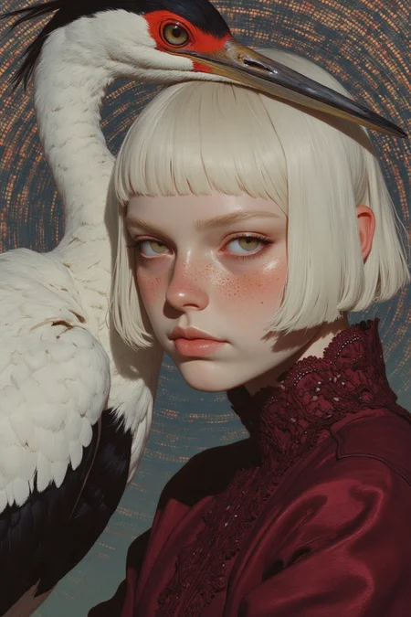 A hyper-realistic close-up portrait of a fair-skinned woman with short, platinum blonde hair, styled in an elegant bob. She is captured in a slight three-quarter profile, her light violet eyes gazing off to the side with a thoughtful expression. She wears a high-neck, deep burgundy dress with intricate lace detailing at the collar, the fabric soft and textured. In the background, a majestic capped heron stands tall, its striking white feathers contrasted by its dark, elongated crown and black-tipped wings. The glowing optical illusion pattern of dots behind her swirls in a circular motion, drawing focus to both her and the heron. The lighting softly highlights her delicate features and the heron’s proud stance. HD, 8K quality, ultra-detailed, masterpiece artwork, flawless anatomy.