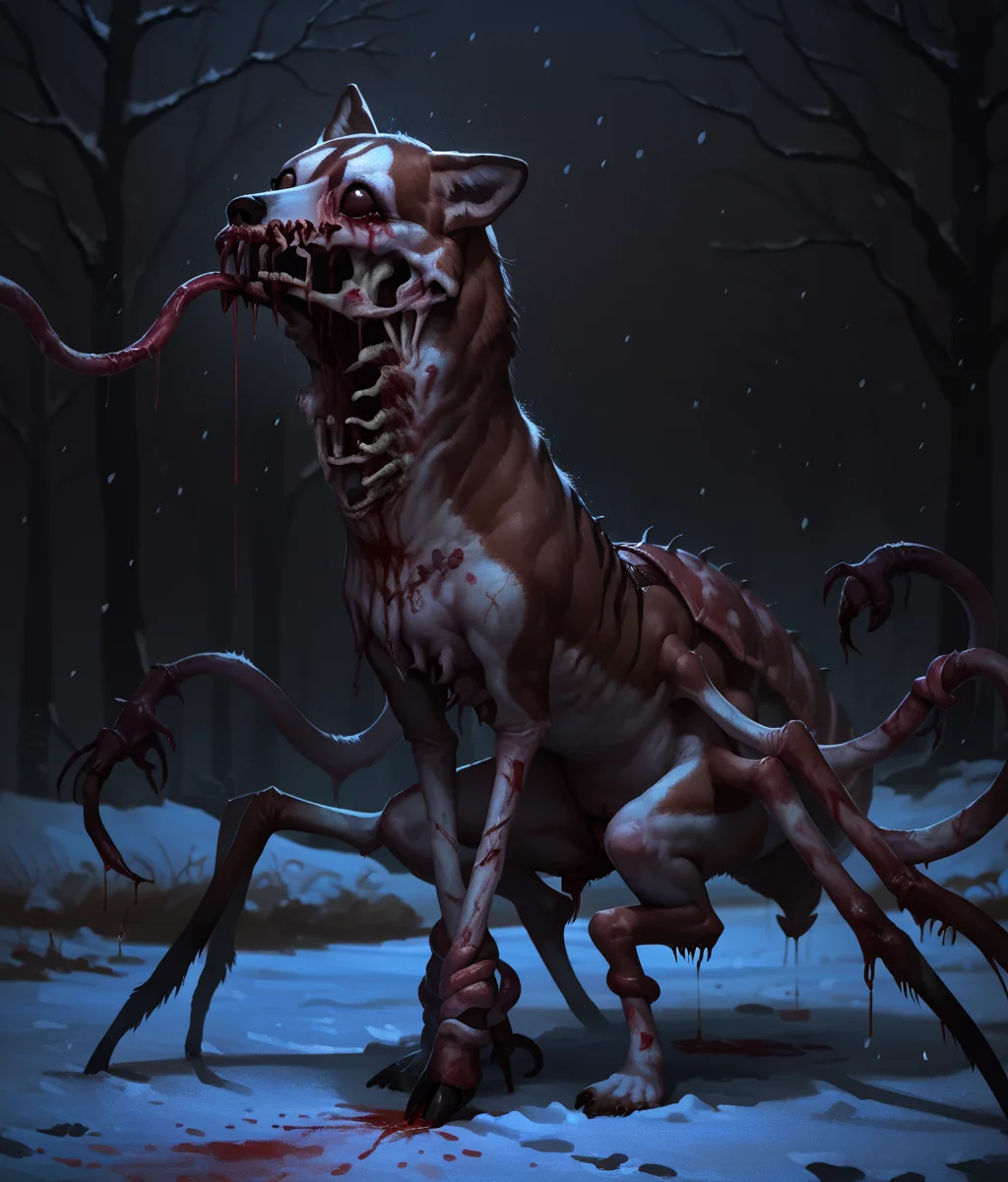 Score_9,score_8_up,score_7_up,realistic,solo,siberian husky \(kemono friends\),(scorpion),(mutated),(contortion),crawling,arthropod limbs,tentacles,monster,blood stain,bleeding,rotting,mucus,exposed bone,entrails,gore,(body horror),no humans,full body,dark,night,nandz,snowing,snowfield,(no_humans),<lora:Horror_The_Thing_v2:0.8>,<lora:Style_Concept_Art_DarkSide:0.8>,