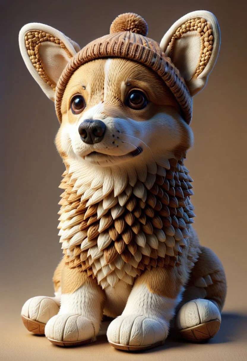 A Cute (corgi puppy made out of nutstylesnut), sitting, (wearing beanie hat), 4k, high detail, high quality, realistic, full body,