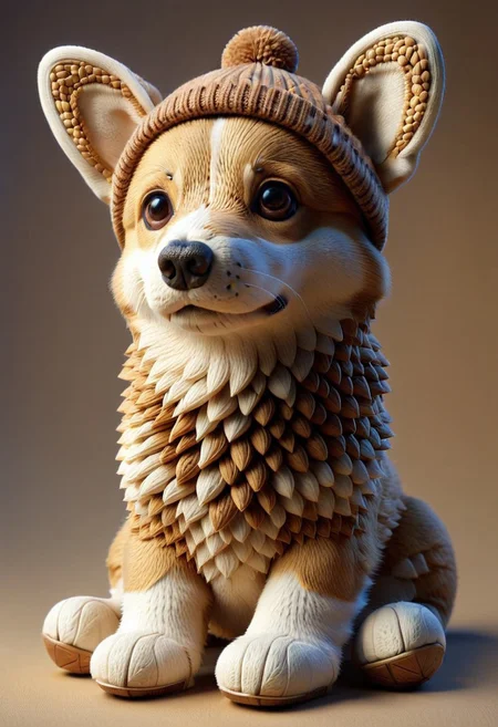 A Cute (corgi puppy made out of nutstylesnut), sitting, (wearing beanie hat), 4k, high detail, high quality, realistic, full body,