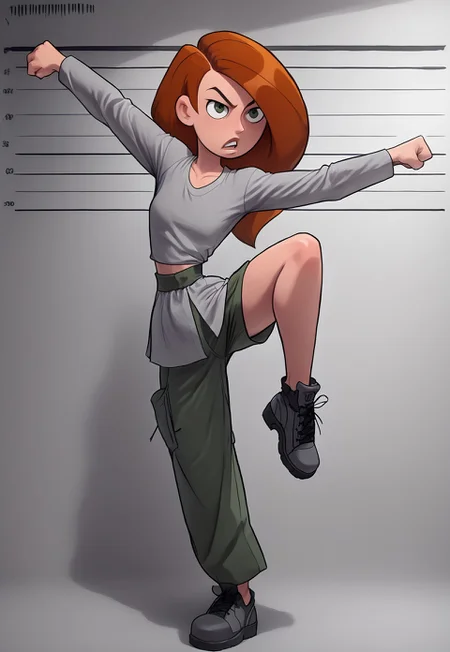 safe_pos,
score_9, score_8_up, score_7_up, (())
,
((( 1girl, solo, Cranemb, stance, standing on one leg)))
,
(( Bare legs, clenched firsts))
,
((( Petite body, small round breasts, slender, very thin waist)))
,
((( Best straight frontal view, 3/4 body shot, mugshot style, mugshot wall )))
,
((kim_possible, ))
,
(( Indoor, white modern wall ))
,
((( )))
,
((( )))