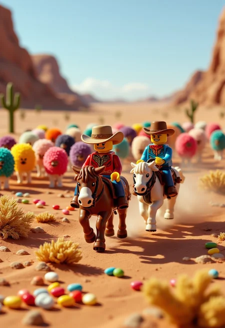 LEGO cowboys herd a stampede of rainbow-colored sheep through a desert made of jelly beans.
aidmamj6.1, aidmafluxpro1.1
