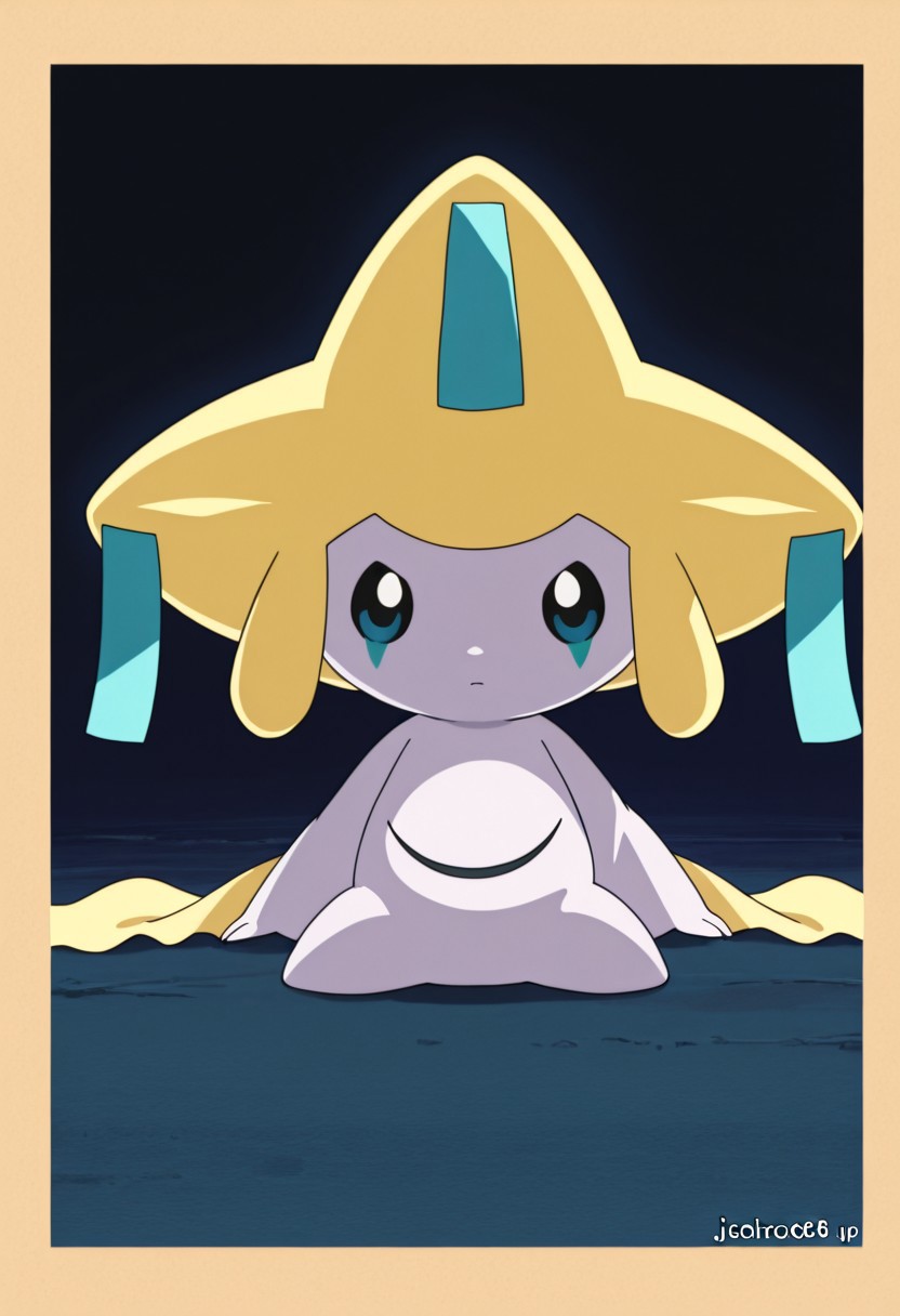 score_8_up, score_7_up, anime screencap, anime art style, best quality, hyper detailed, ambient stylish expressive lighting,masterpiece, body extremely,IllusN3g,IllusP0s, jirachi, solo, no humans, pokemon (creature), looking at viewer, sitting, full body, straight-on, closed mouth, blue eyes, border