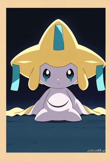 score_8_up, score_7_up, anime screencap, anime art style, best quality, hyper detailed, ambient stylish expressive lighting,masterpiece, body extremely,IllusN3g,IllusP0s, jirachi, solo, no humans, pokemon (creature), looking at viewer, sitting, full body, straight-on, closed mouth, blue eyes, border