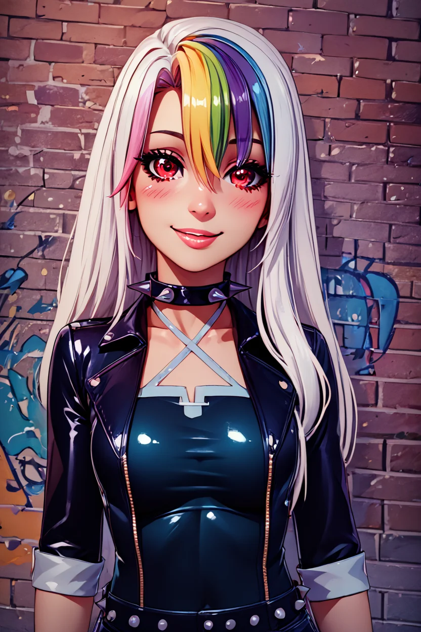 score_9, score_8_up, score_8, medium breasts, (curvy), cute, eyelashes, BREAK, , <lora:RoxyCitronOCPDXL_v2:0.8>, Roxy_Citron_OC, 1girl, solo, red eyes, white hair, rainbow hair, long hair, streaked hair, hair between eyes,, BREAK, (ultra realistic,32k, masterpiece:1.2),(high detailed skin:1.1),( high quality:1.1), curvy, head tilt, hearts, blush, lips, curvy, head tilt, shiny clothes, (upper body), looking at viewer, bokeh, luminescent background, smile, looking at viewer, leather jacket, leather pants, black jacket, tight pants, black choker, zipper, biker clothes, spikes, multiple belts, shiny clothes, high collar, (graffiti:1.2), brick wall, cowboy shot, embedding:zPDXL, Expressiveh, <lora:RlAnmPDXL:1.0>,
