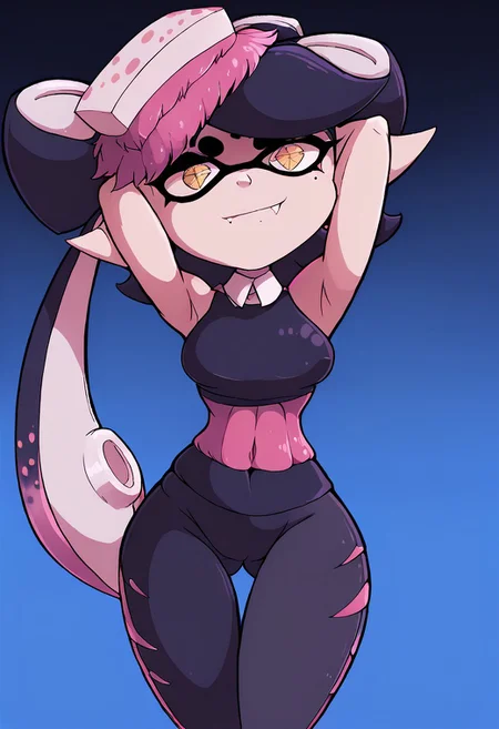 score_9, Score_8_up, Score_7_up, Score_6_up, rating_Questionable, Source_cartoon, BREAK Callie \(splatoon\), 1girl, fangs, mole, mole under eye, pointy ears, long, yellow eyes, domino mask, mask, tentacle hair, Yoga pants, workout clothing, smug grin, cowboy shot, ((poolside background)), arms above head, sexy pose, thigh gap, (cameltoe:0.2)