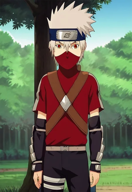 youngkakashi, solo, solo focus, 1boy, lean body, wear red shirt, unbuttoned shirt, wear black shorts, outdoor, sunny day, clear sky, Ninja-like tree perch