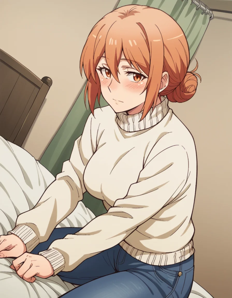 score_9, score_8_up, score_7_up, source_anime,
yuigahamama, <lora:mother-yuigahama-s2s3-ponyxl-lora-nochekaiser:1>,
yuigahamama, hair bun, mature female, orange eyes, orange hair, short hair, single hair bun, hair between eyes, sidelocks,
denim, jeans, pants, sweater, turtleneck, turtleneck sweater, white sweater,
indoors, bed, bed room, on side, blush, drunk,
looking at viewer, cowboy shot, dutch angle, solo,