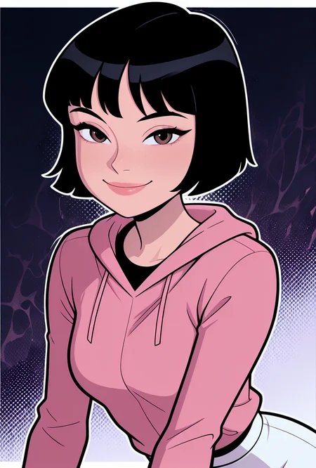 <lora:julieaf:1> julieaf, 1girl, short hair, black hair, long sleeves, lips, pink hoodie, white skirt, smile, looking at viewer, dynamic pose, masterpiece, best quality, amazing quality, very aesthetic, absurdres, newest,, upper body, halftone effect, white borders, abstract background:1.2,