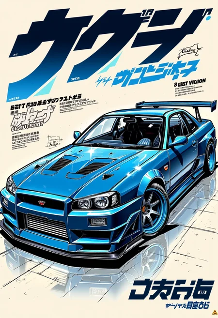 Japanese Manga style Poster with bold large fonts and graphics, Sketch of a sport car, blue light, best vision, dark fantasy.