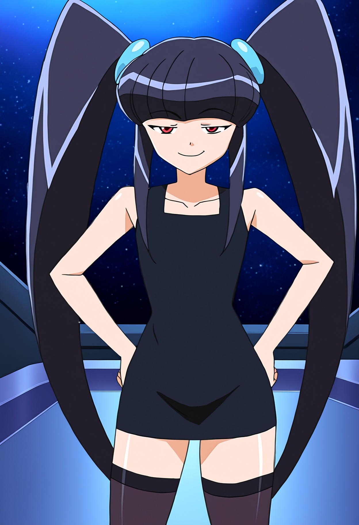 high quality, highres,1girl, paiway underberg, solo,red eyes,looking at viewer, smug, hands on hips, minidress, black dress, sleeveless, collarbone, tight dress, sleeveless dress, long hair, bangs, black hair, twintails,  blunt bangs,  indoors, space,  standing,  stockings,