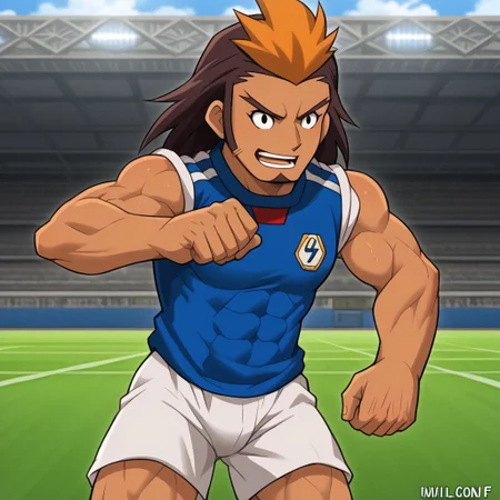 Score_9, cartoon source, toon source, high Quality, wolfconf, 1boy, solo, HIJIKATA RAIDEN, Brown hair, black eyes, young, muscle body, two-tone hair, dark skin, soccer uniform (white shorts, blue sleeveless shirt), tight-fitting clothing, goatee.
