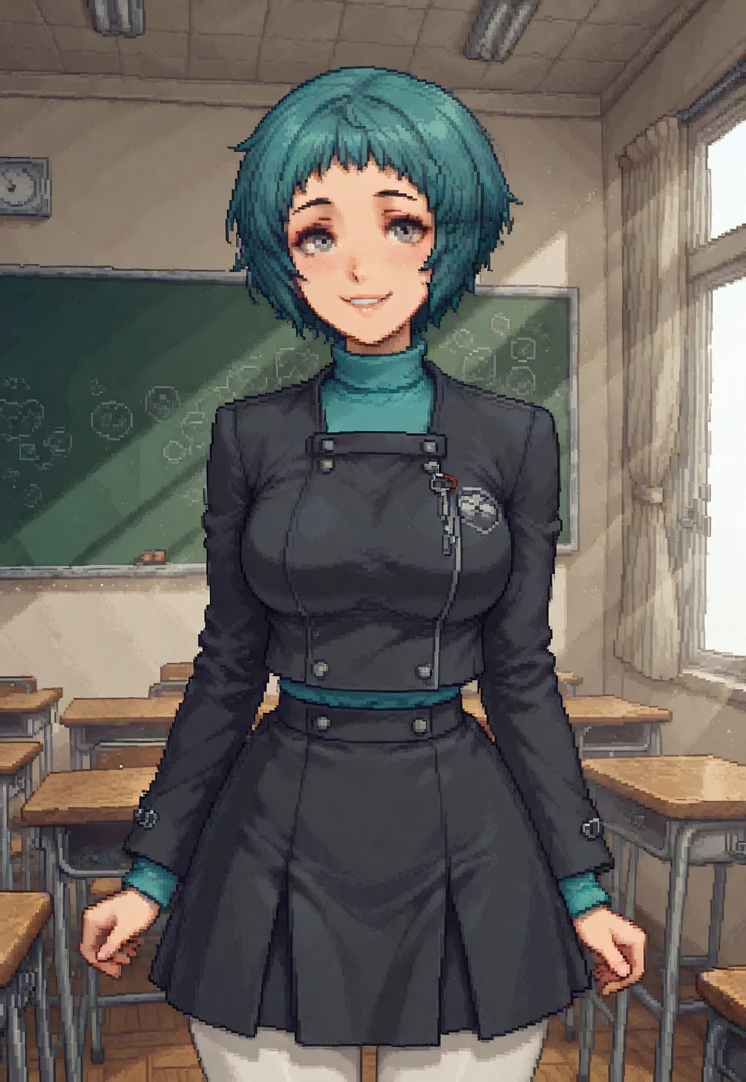 masterpiece,best quality,amazing quality, absurdres,
1girl, solo, slender curvy body, (large breasts), p3fuuka, yamagishi fuuka, short hair, aqua hair, gray eyes, p3fuuka-winuni, school uniform, gekkoukan school uniform, skirt, pantyhose, white pantyhose, turtleneck, aqua turtleneck, long sleeves, bright smile, monopixel_portrait, pixel art, pixel, 64x64, 64x64, clean pixel art, sharp pixels, pixelated, square pixels, limited color palette, clean edges, classroom, warm lighting, godrays,