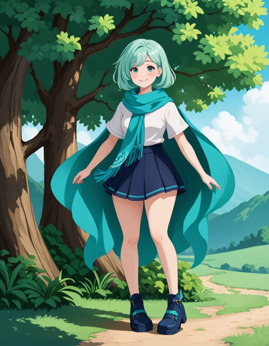 OneStepFromEdenStyle, 1girl, wide_hips, blush}, solo, outdoors, [cyan] scarf, [turqouise] eyes, [jade] hair, smile, full_body, high_fantasy, dark_blue footwear
 <lora:OneStepFromEdenStyle_Illustrious:1>