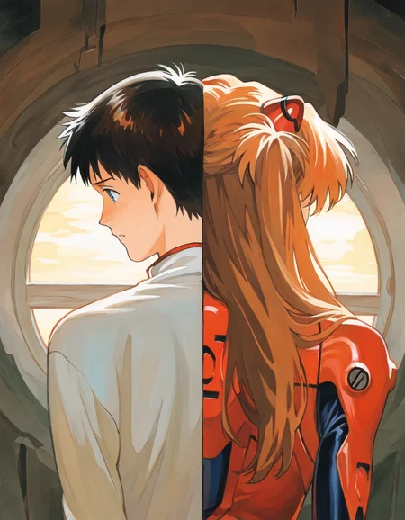 nazaruk, masterpiece, best quality, absurdres, highres, 1girl, souryuu-asuka-langley, 1boy, ikari-shinji, split-theme, back-to-back
