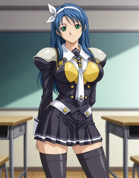 1girl, solo, otokawa saori, blue hair, long hair, hairband, green eyes, smile, large breasts, St_Arcadia_Uniform, school uniform, black and yellow clothes, shoulder pads, white necktie, long sleeves, pleated skirt, black thighhighs, contrapposto, standing, hands behind back, depth of field, indoors, classroom, light theme, (anime coloring:1.1) <lora:otokawa_saori_ilxl_v1:0.7>